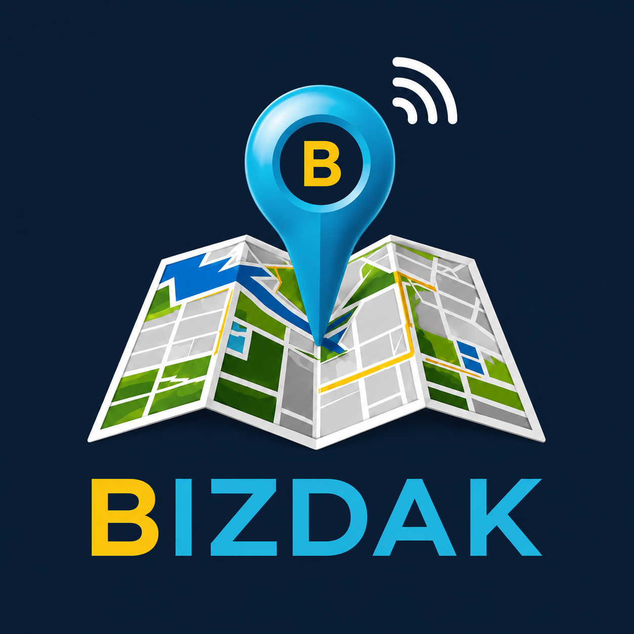 Bizdak logo — a map pin over a city map
